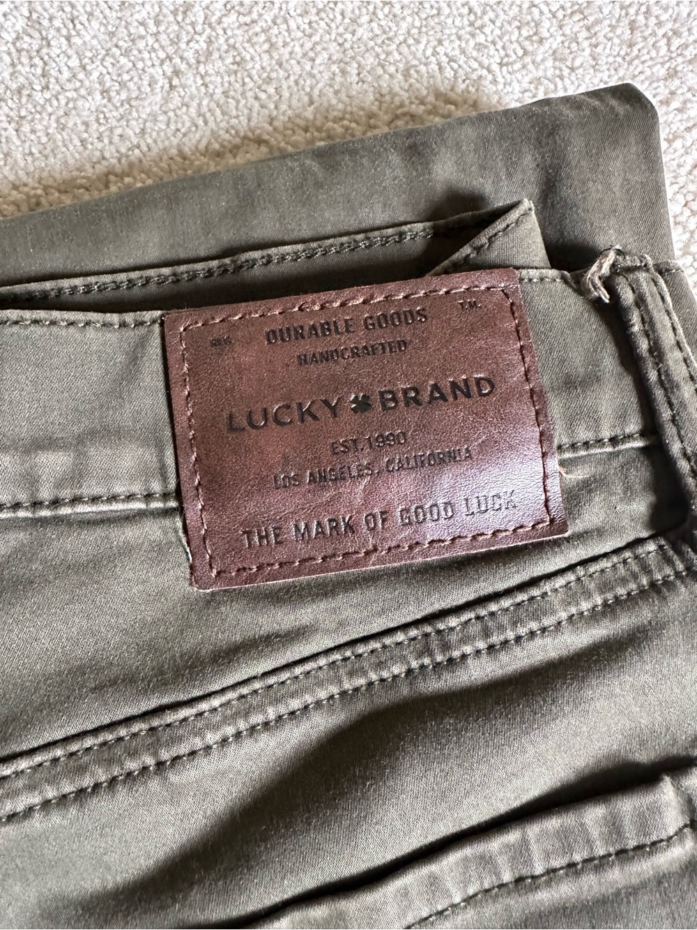Lucky Brand Olive Green Jeans with Brown Leather Patch